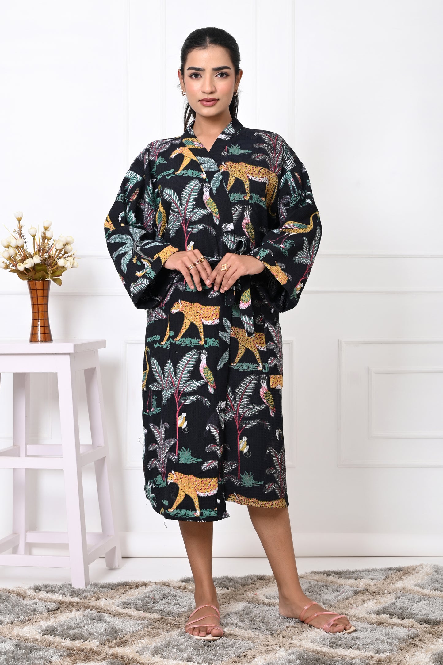 Waffle Cotton Handblock Printed Unisex Bathrobe - Free Size