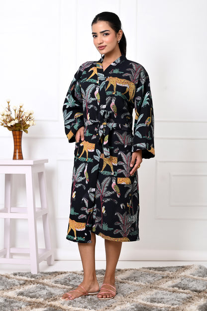 Waffle Cotton Handblock Printed Unisex Bathrobe - Free Size