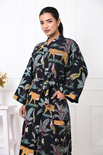 Waffle Cotton Handblock Printed Unisex Bathrobe - Free Size