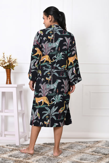 Waffle Cotton Handblock Printed Unisex Bathrobe - Free Size