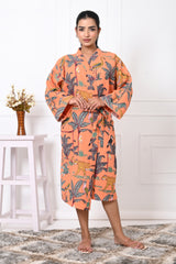 Waffle Cotton Handblock Printed Unisex Bathrobe - Free Size