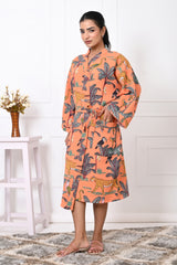 Waffle Cotton Handblock Printed Unisex Bathrobe - Free Size
