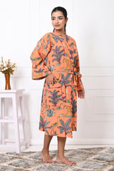 Waffle Cotton Handblock Printed Unisex Bathrobe - Free Size