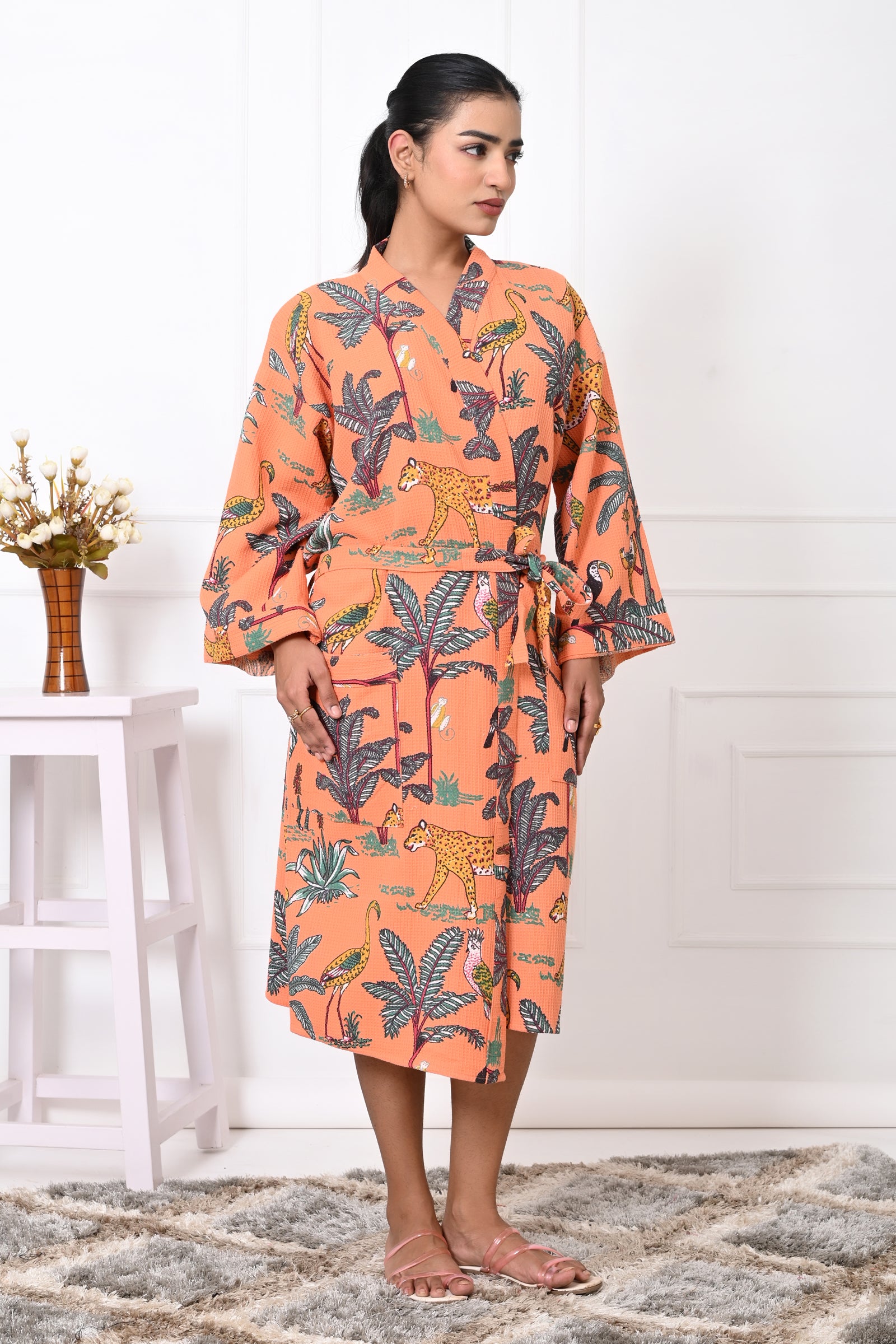 Waffle Cotton Handblock Printed Unisex Bathrobe - Free Size