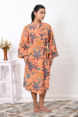 Waffle Cotton Handblock Printed Unisex Bathrobe - Free Size