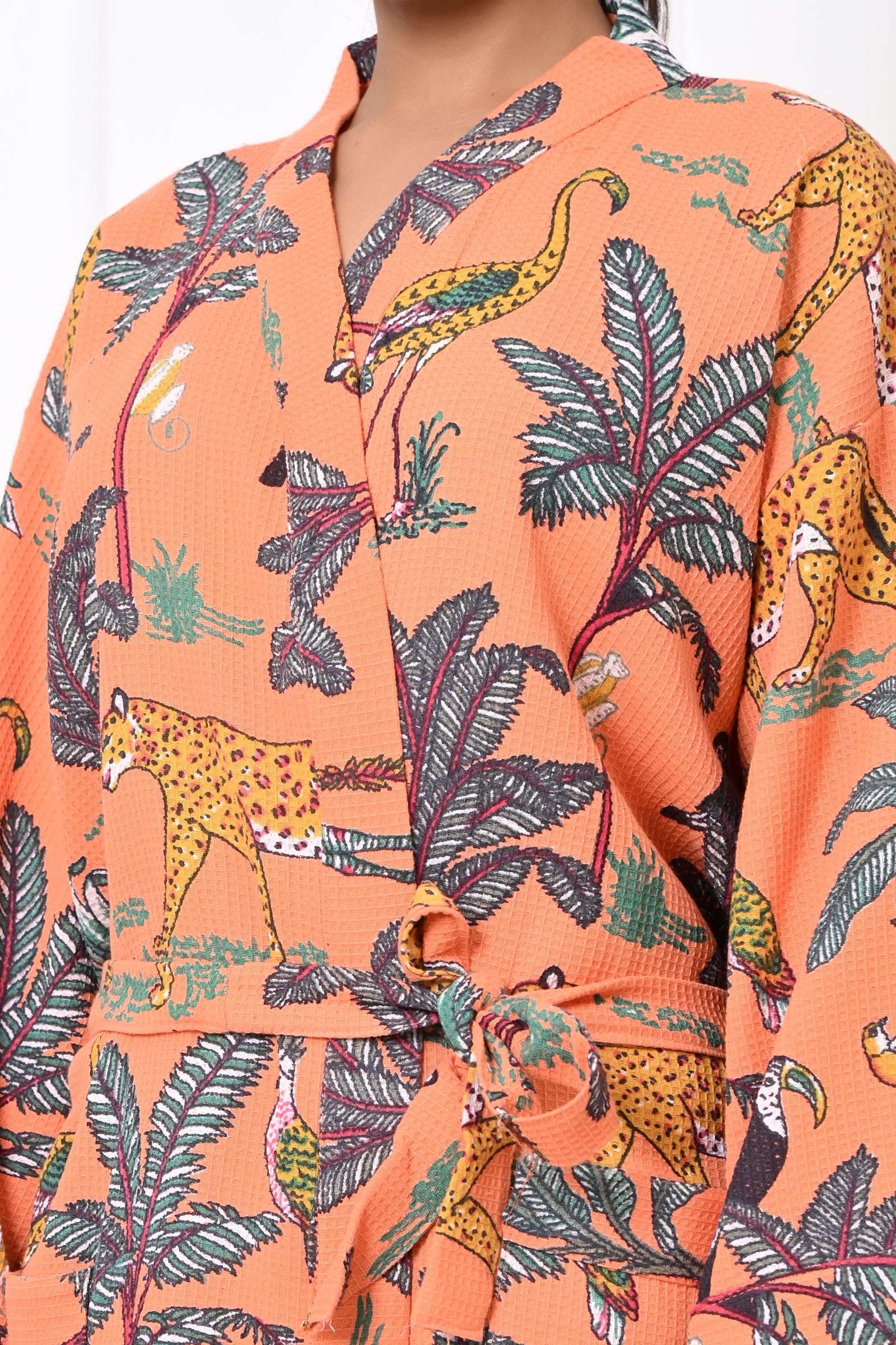 Waffle Cotton Handblock Printed Unisex Bathrobe - Free Size