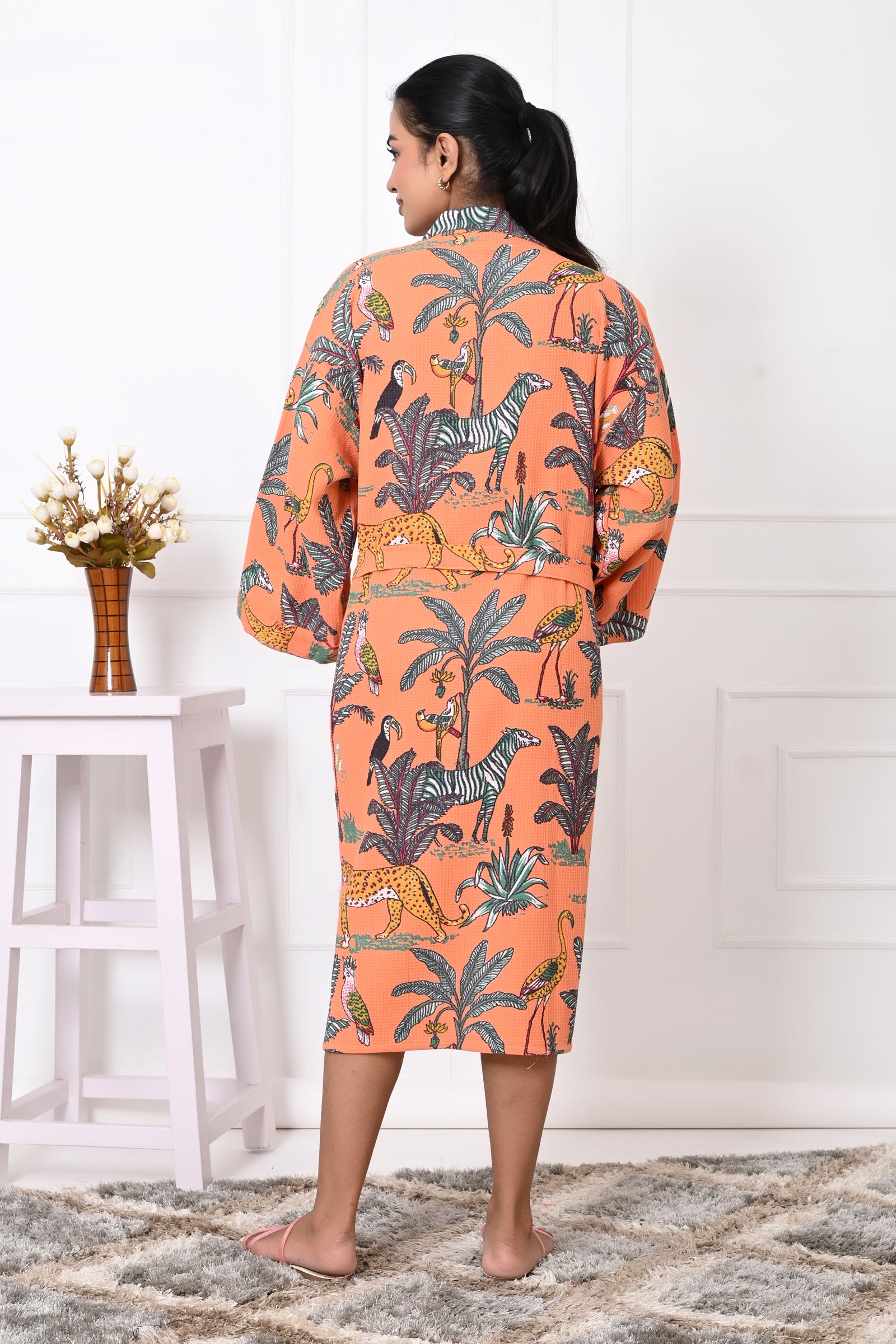 Waffle Cotton Handblock Printed Unisex Bathrobe - Free Size