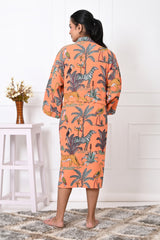 Waffle Cotton Handblock Printed Unisex Bathrobe - Free Size