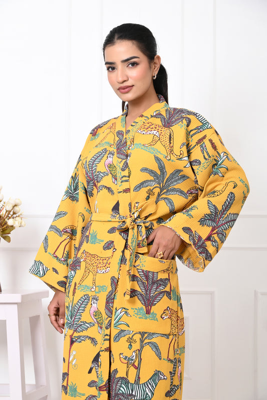 Waffle Cotton Handblock Printed Unisex Bathrobe - Free Size