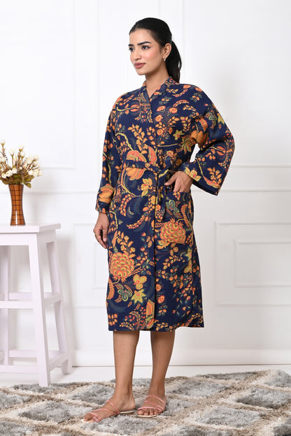 Waffle Cotton Handblock Printed Unisex Bathrobe - Free Size