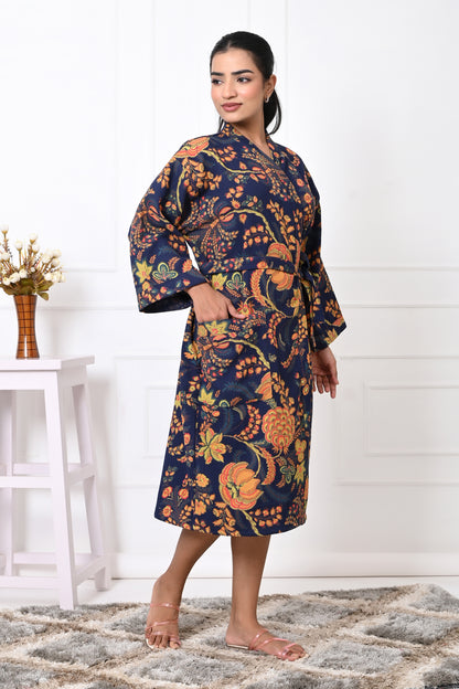 Waffle Cotton Handblock Printed Unisex Bathrobe - Free Size