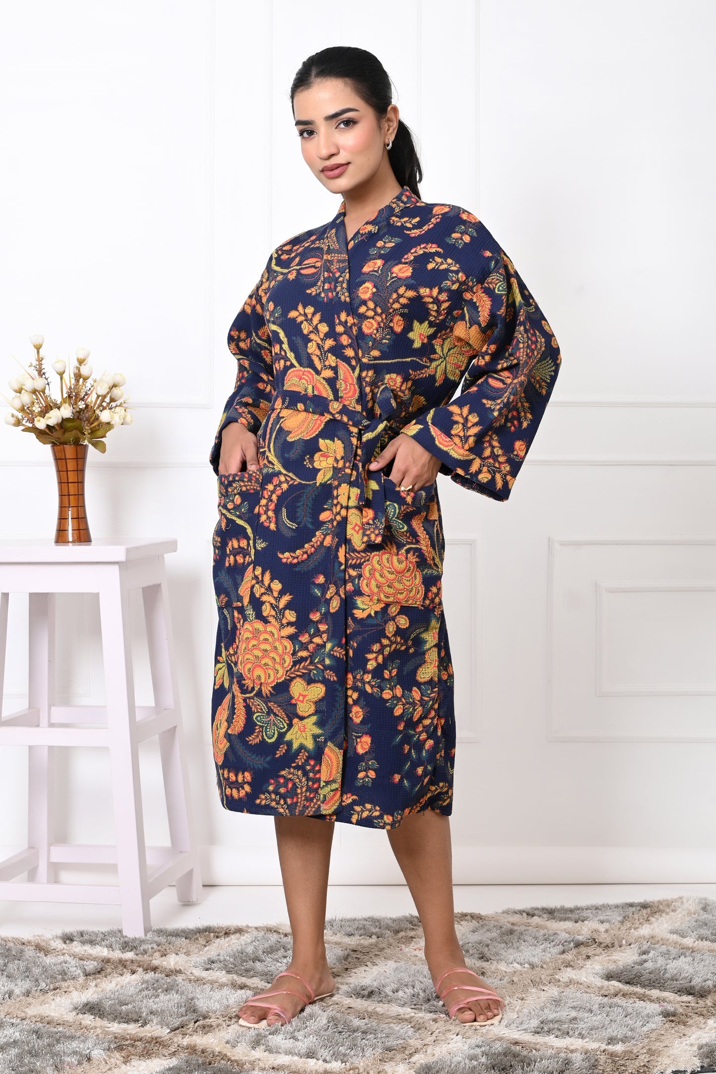 Waffle Cotton Handblock Printed Unisex Bathrobe - Free Size