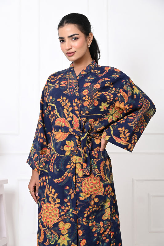 Waffle Cotton Handblock Printed Unisex Bathrobe - Free Size