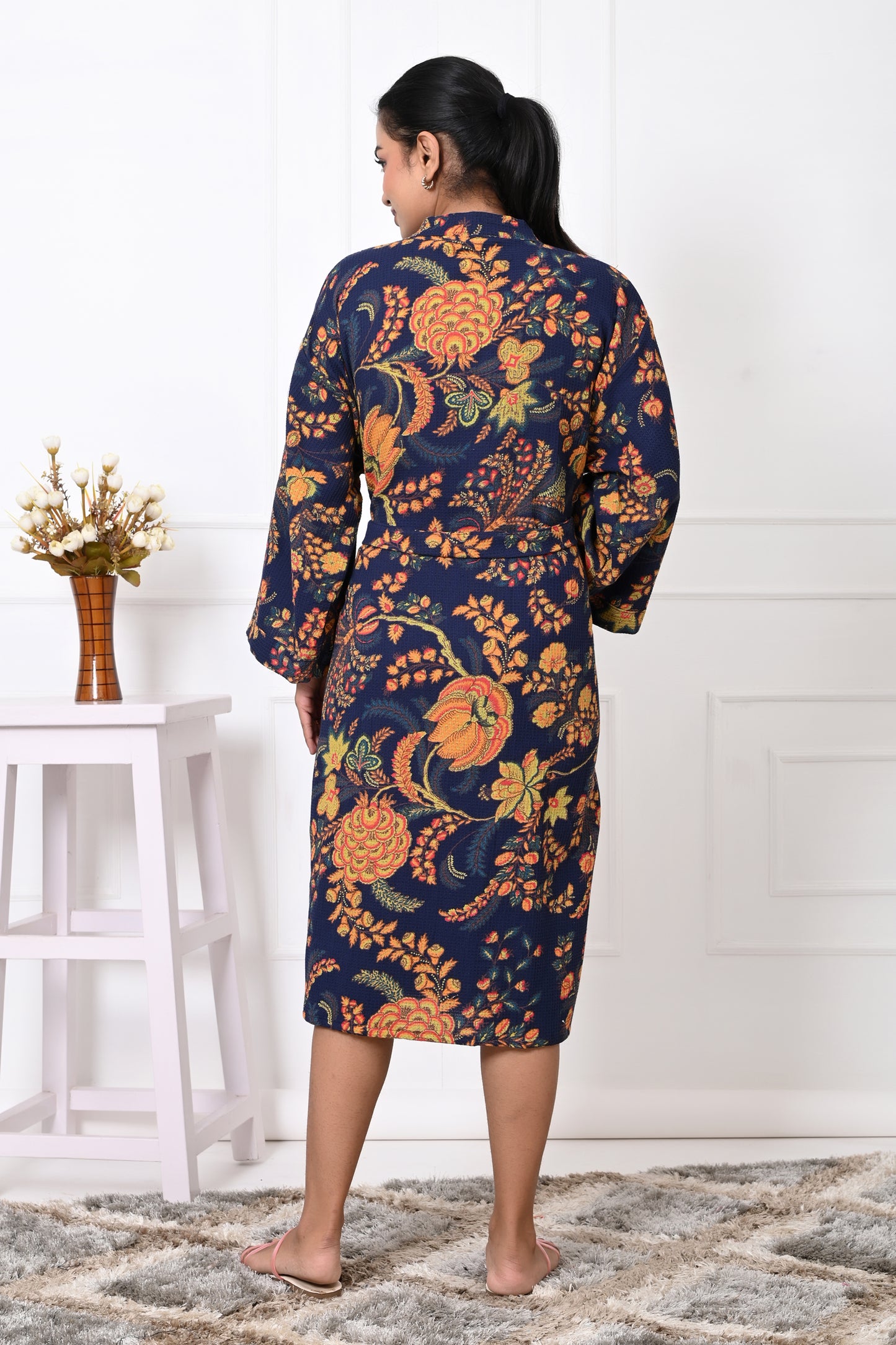 Waffle Cotton Handblock Printed Unisex Bathrobe - Free Size