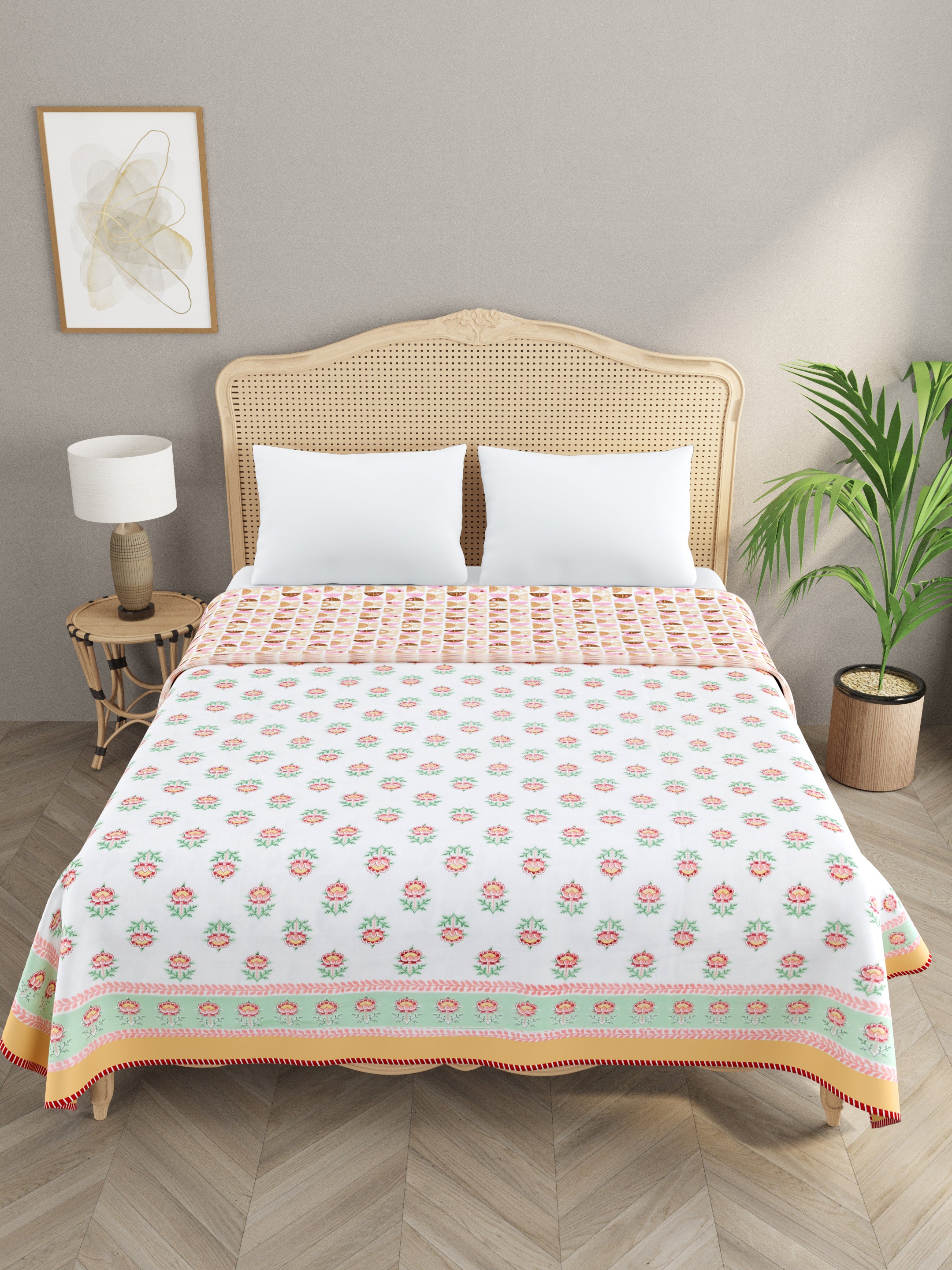 Ethnic Printed Reversible Double Bed Cotton AC Blanket | Lightweight Summer Dohar 90x108 inches