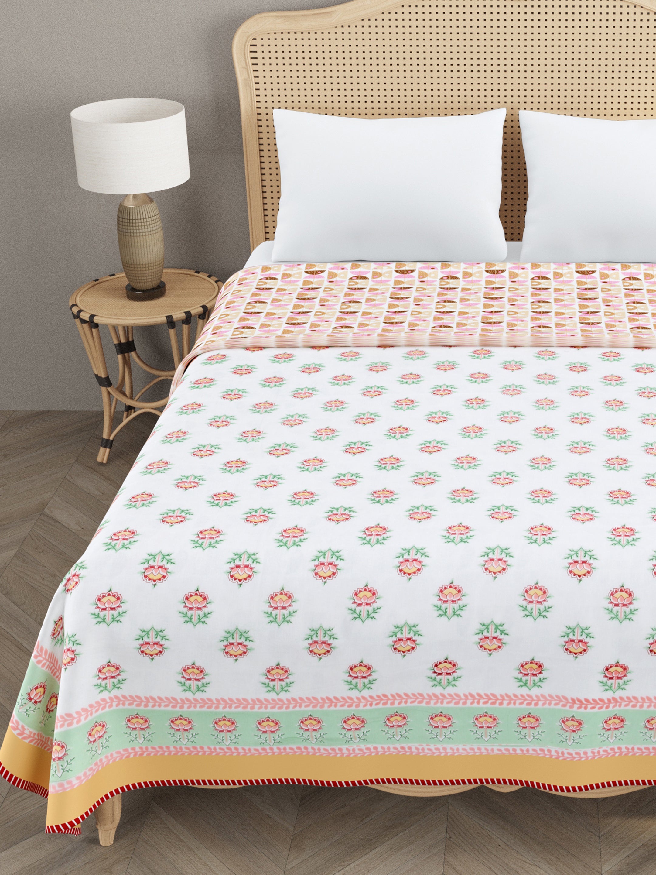 Ethnic Printed Reversible Double Bed Cotton AC Blanket | Lightweight Summer Dohar 90x108 inches