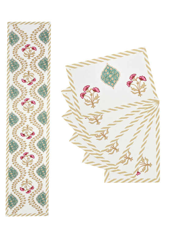 Diwali Gift Box with Handblock Printed Canvas Cotton Table Runner, Set Of 6 Mats & set of 2 Laddoo Candle