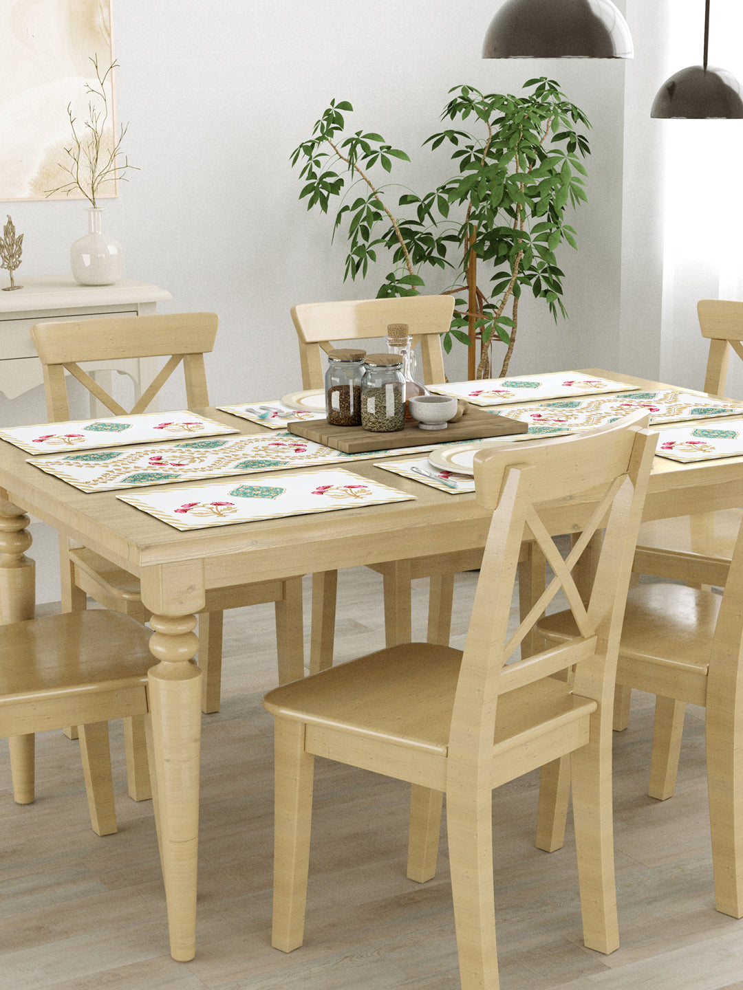 Handblock Printed Canvas Cotton Table Runner With Set Of 6 Mats