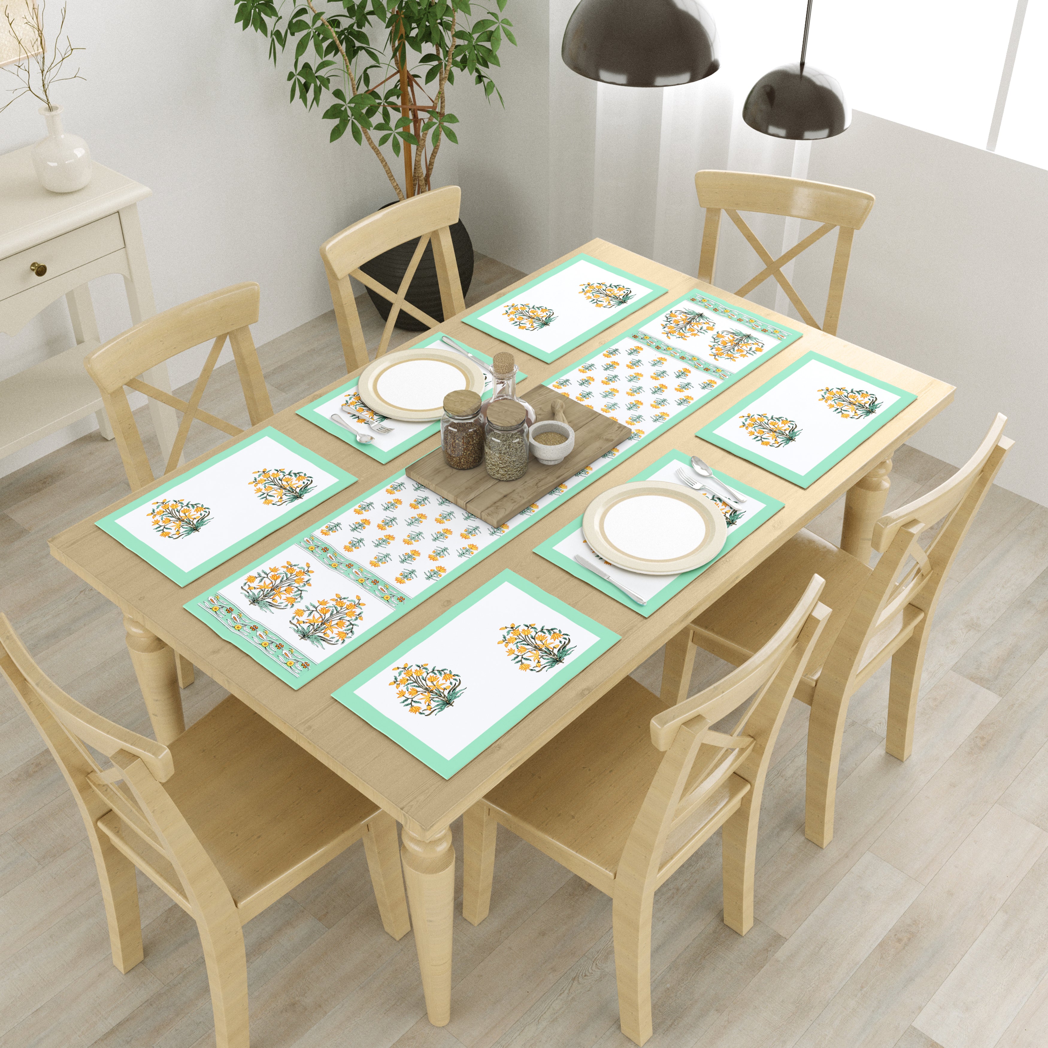 Diwali Gift Box with Handblock Printed Canvas Cotton Table Runner & Set Of 6 Mats, 2 laddoo candles