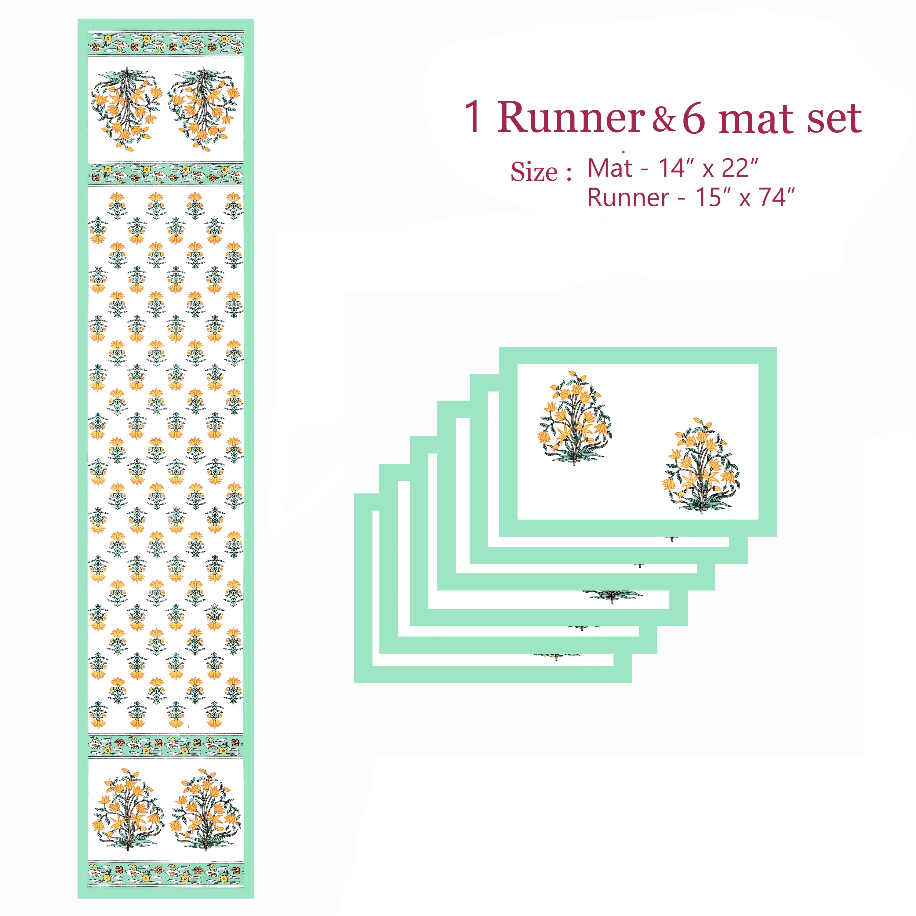Diwali Gift Box with Handblock Printed Canvas Cotton Table Runner & Set Of 6 Mats, 2 laddoo candles