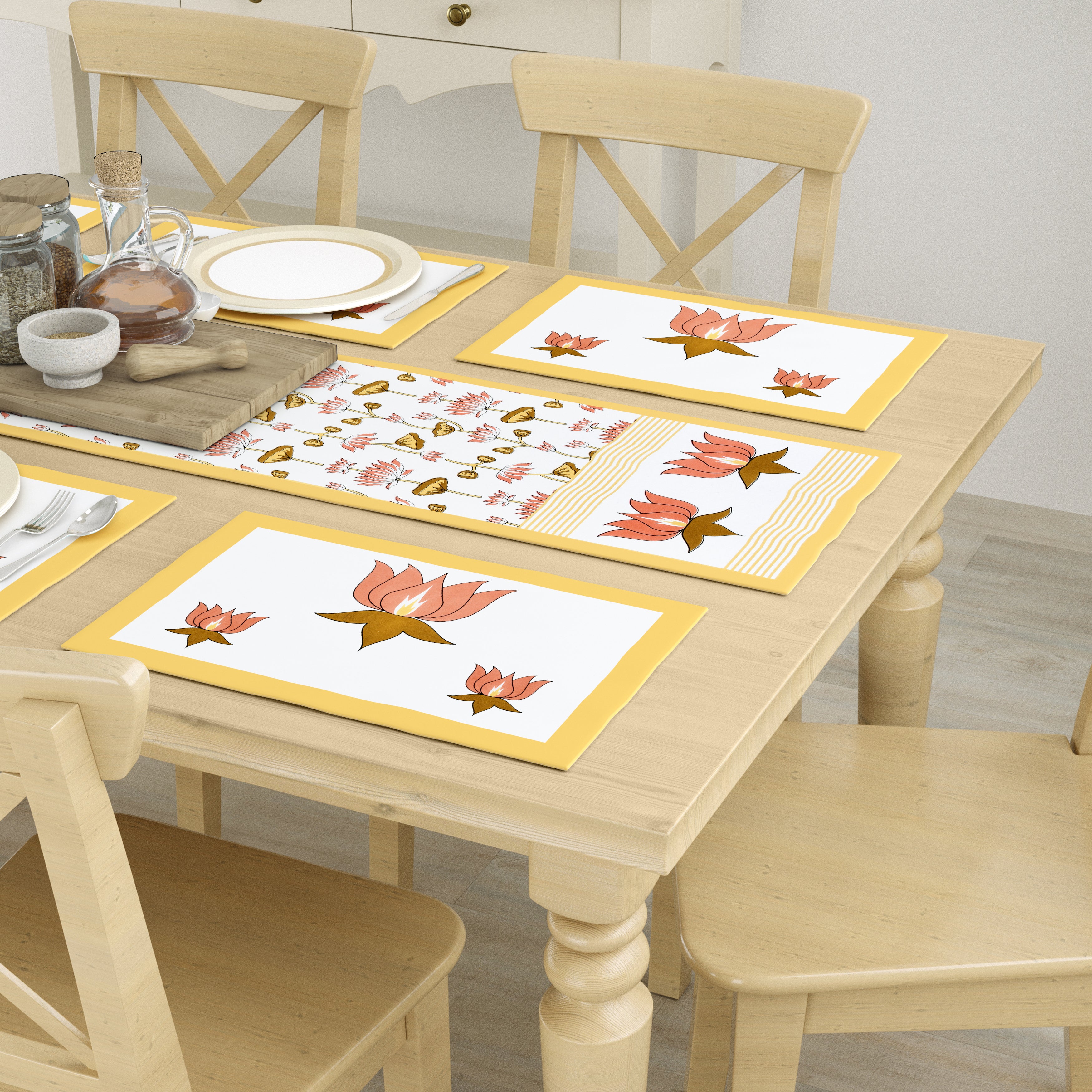 Handblock Printed Canvas Cotton Table Runner With Set Of 6 Mats