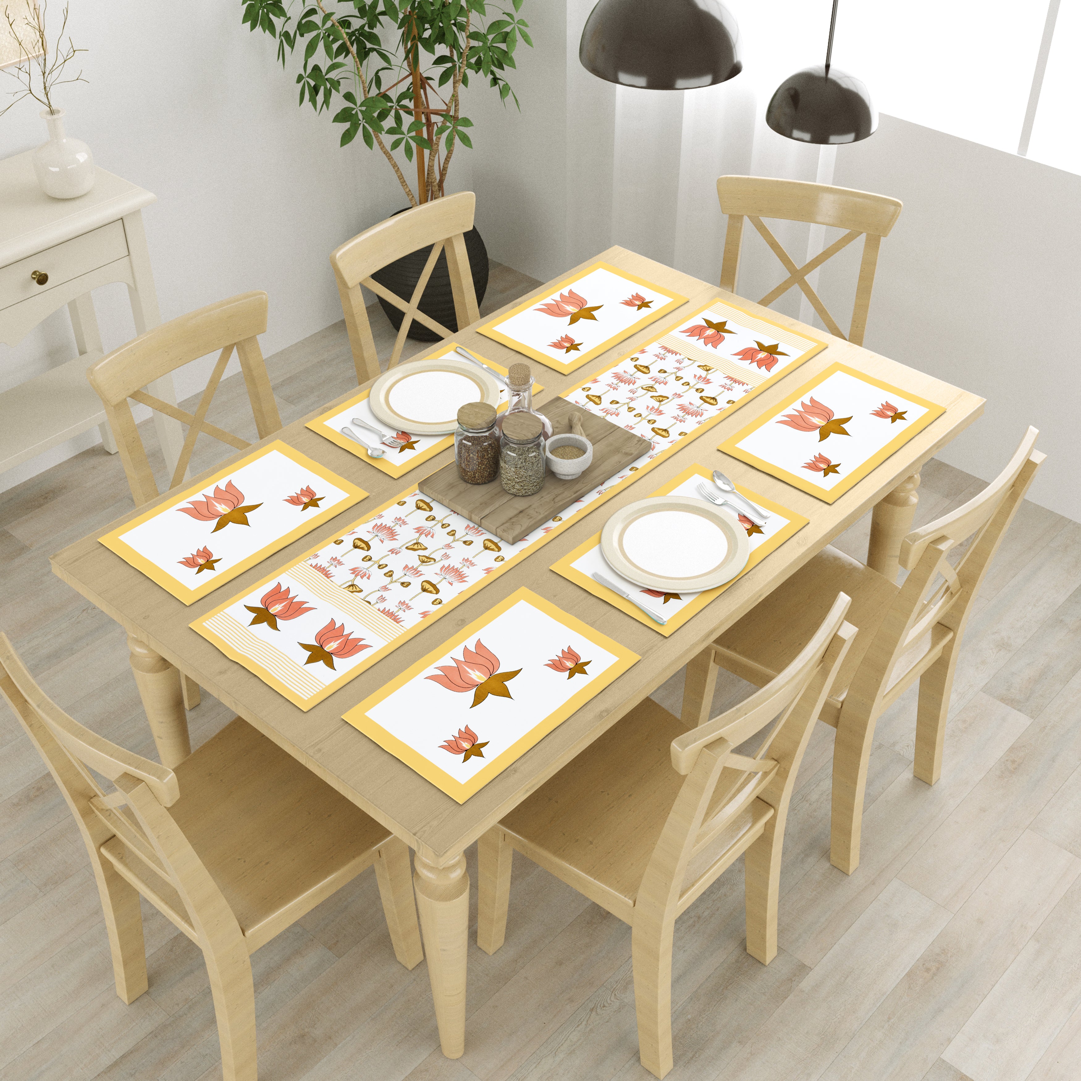 Diwali Gift Box with Handblock Printed Canvas Cotton Table Runner & Set Of 6 Mats, 2 laddoo candles