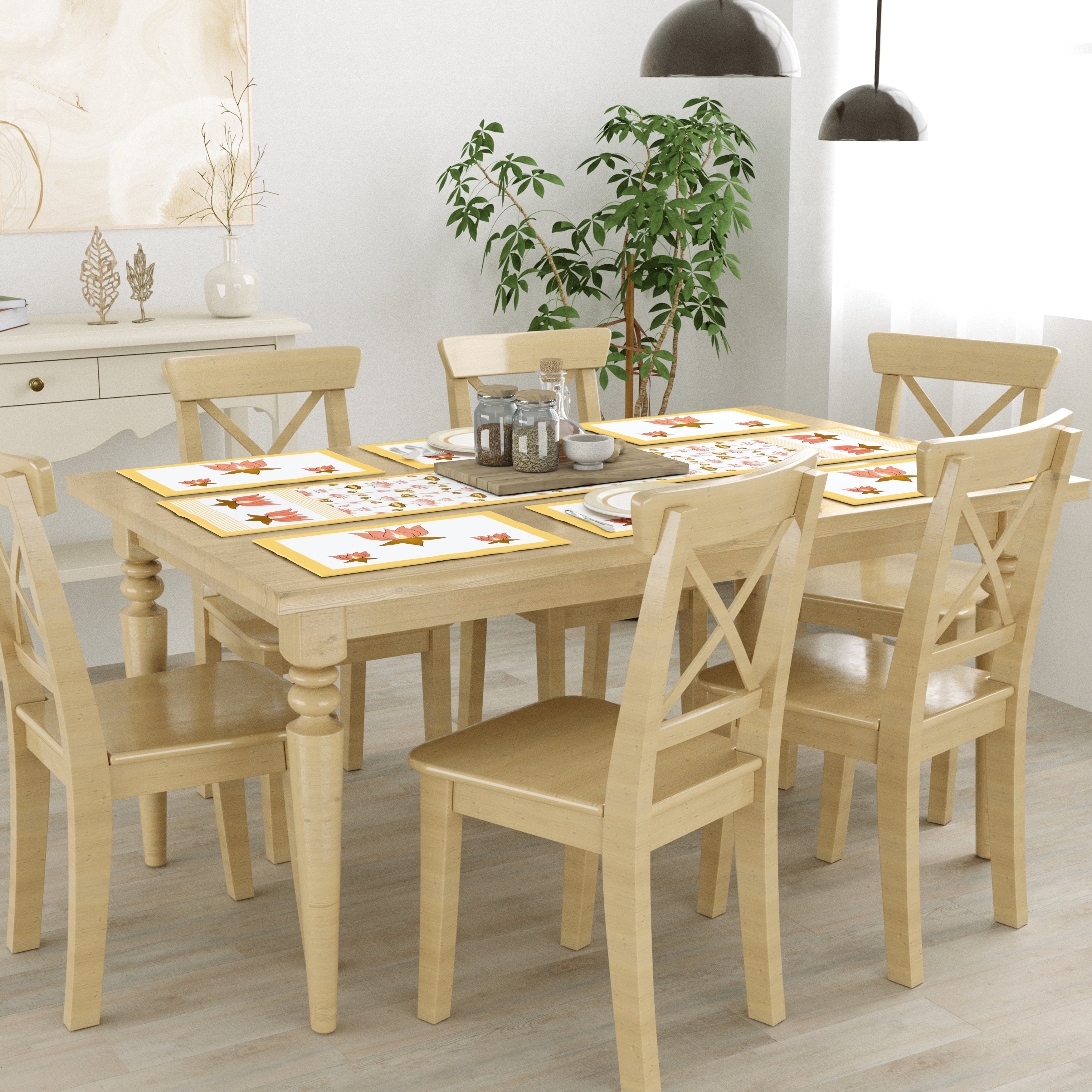 Handblock Printed Canvas Cotton Table Runner With Set Of 6 Mats