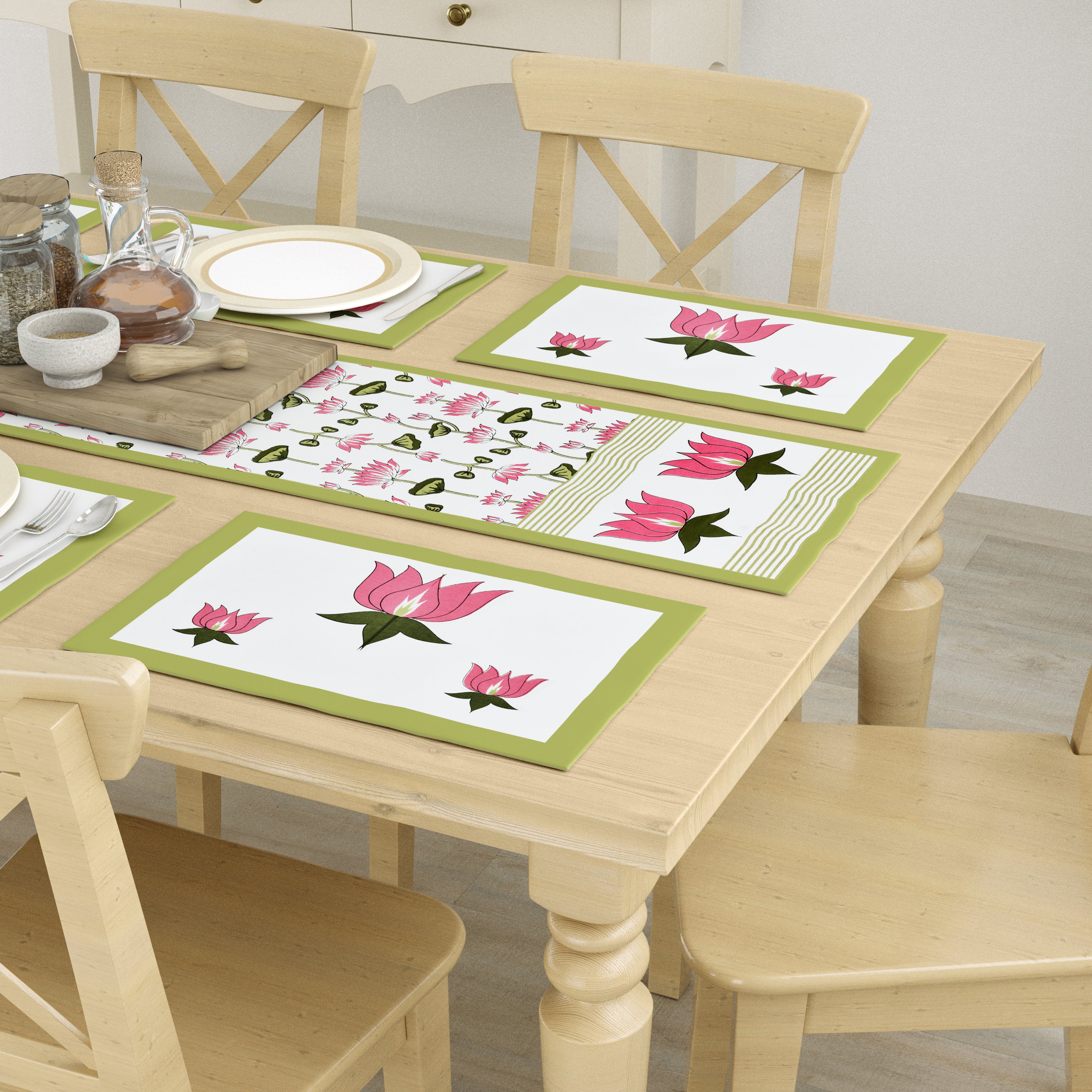 Diwali Gift Box with Handblock Printed Canvas Cotton Table Runner & Set Of 6 Mats, 2 laddoo candles