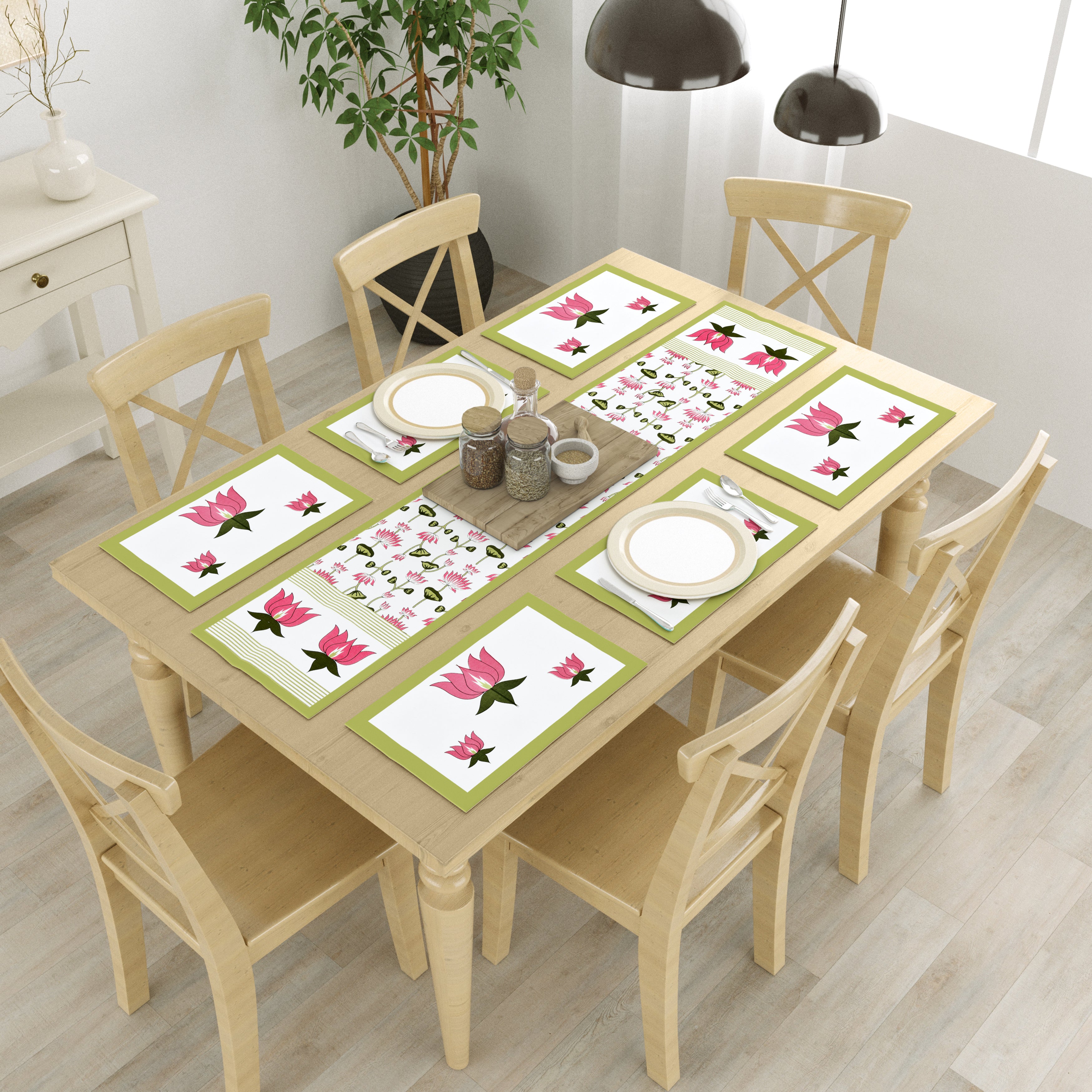 Diwali Gift Box with Handblock Printed Canvas Cotton Table Runner & Set Of 6 Mats, 2 laddoo candles