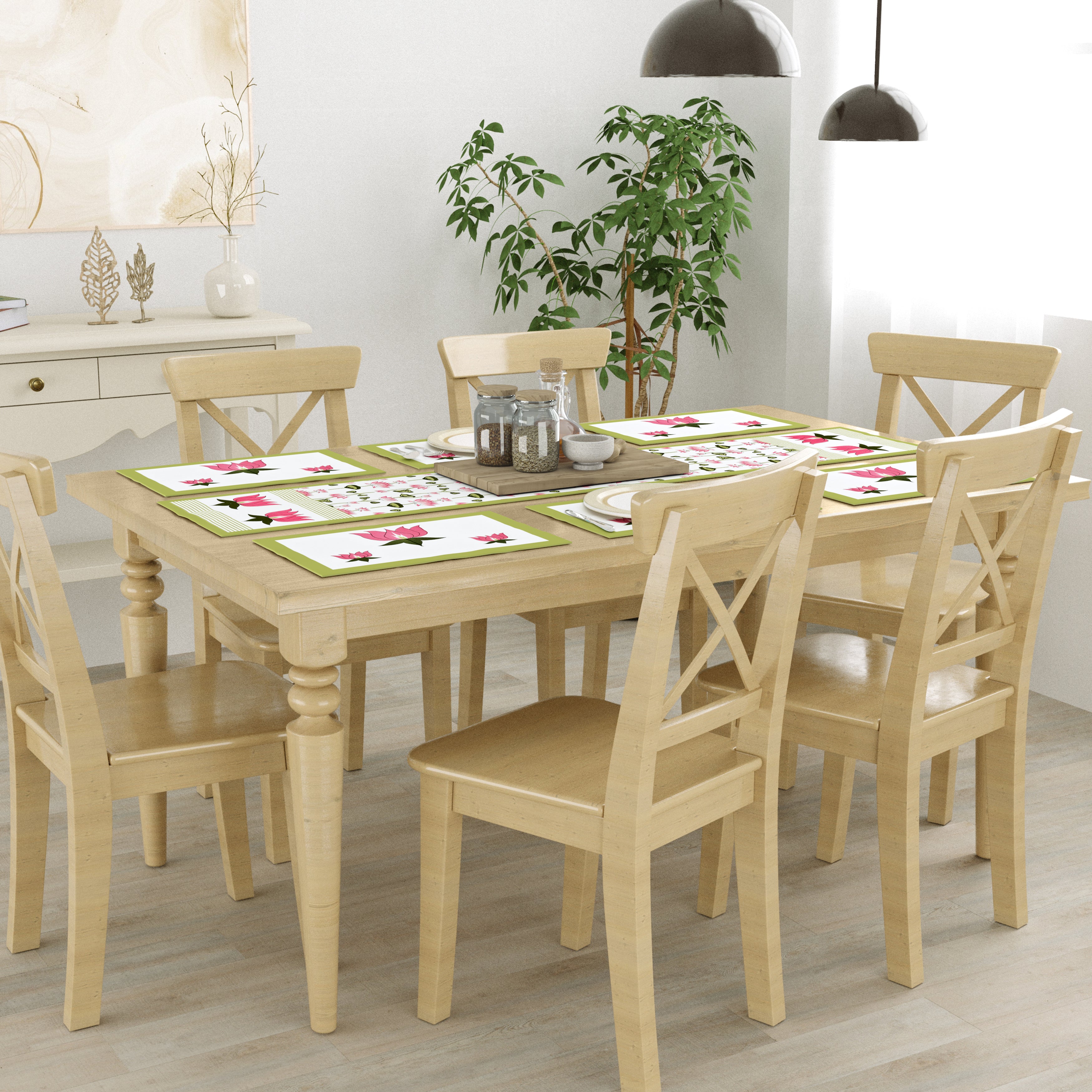 Handblock Printed Canvas Cotton Table Runner With Set Of 6 Mats