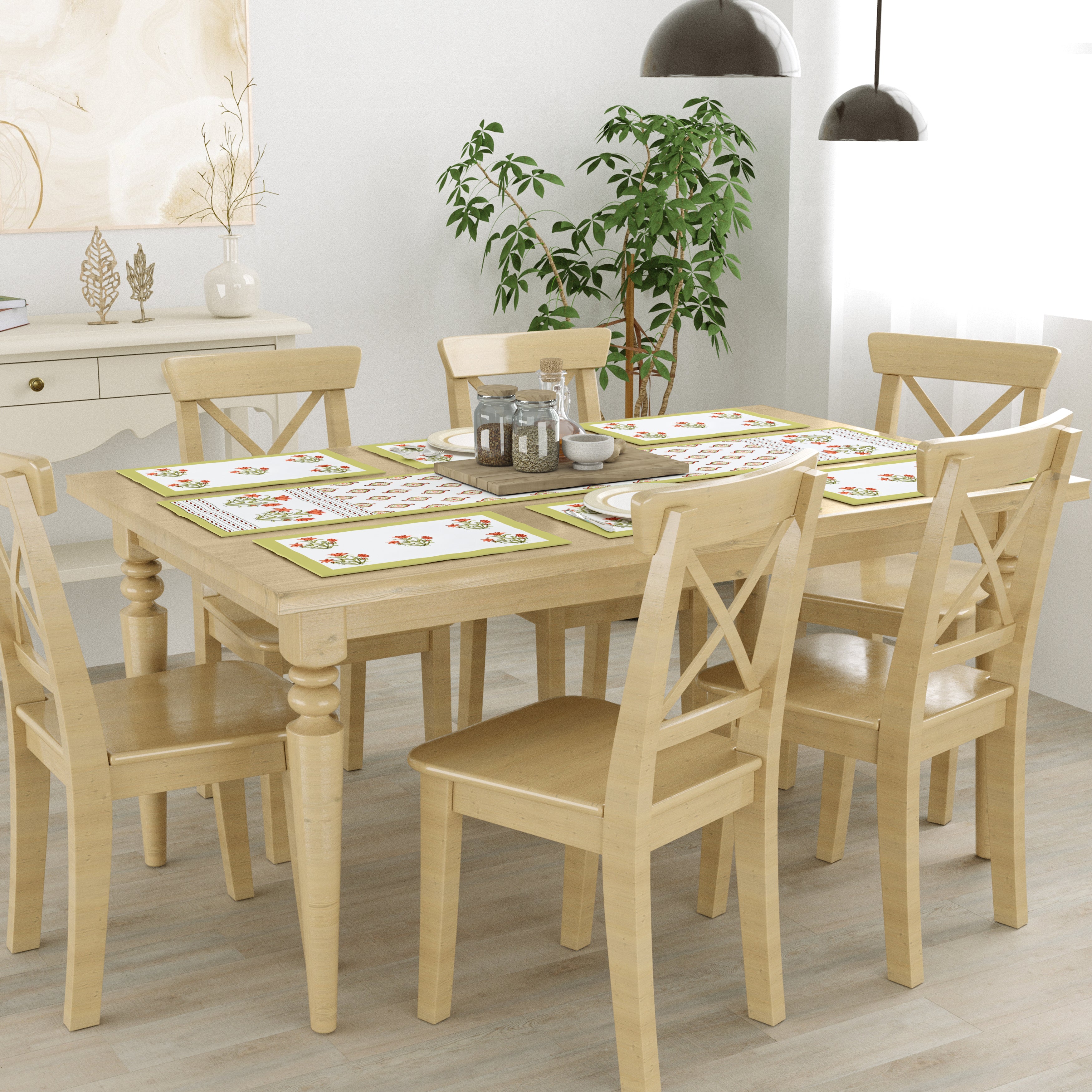 Handblock Printed Canvas Cotton Table Runner With Set Of 6 Mats