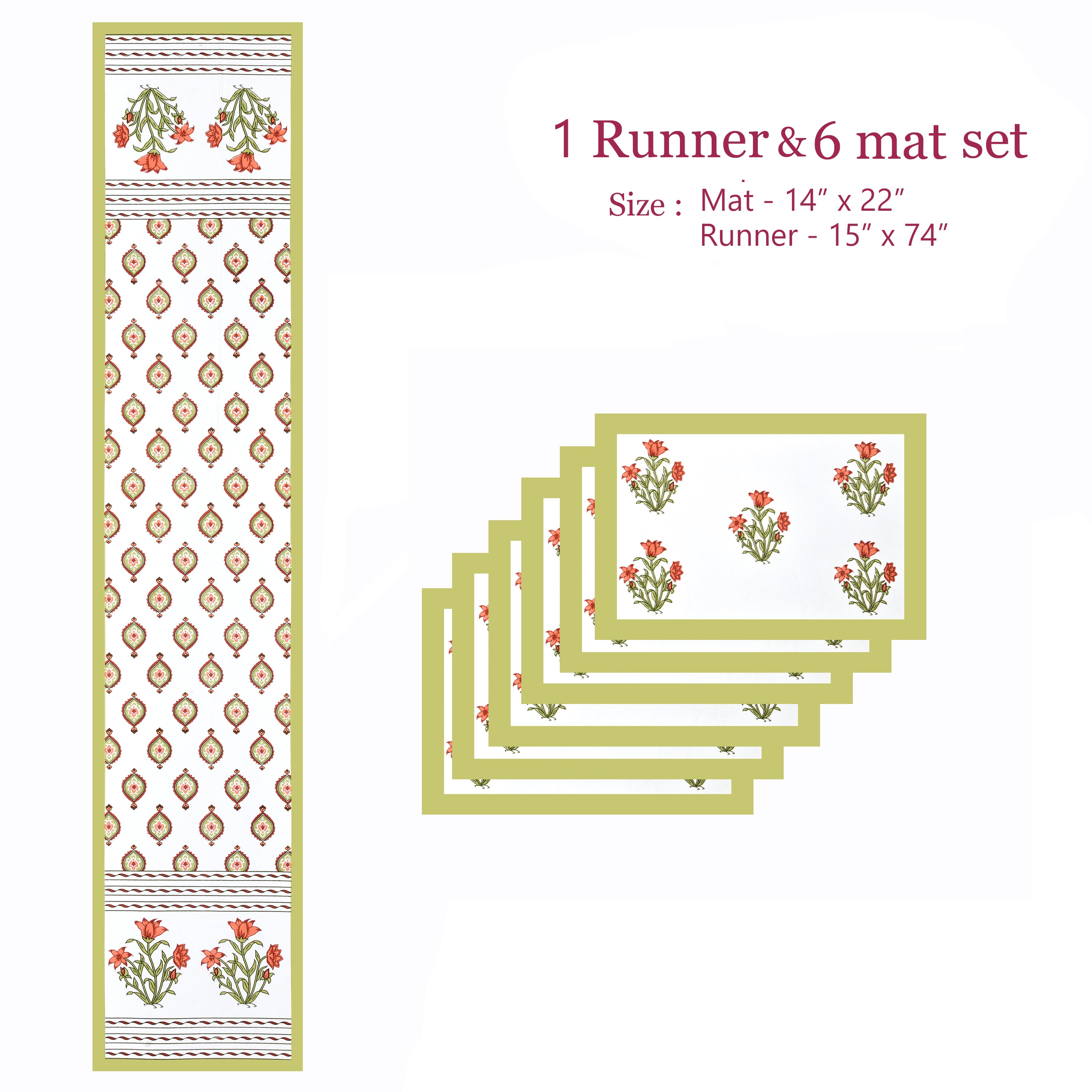 Diwali Gift Box with Handblock Printed Canvas Cotton Table Runner & Set Of 6 Mats, 2 laddoo candles