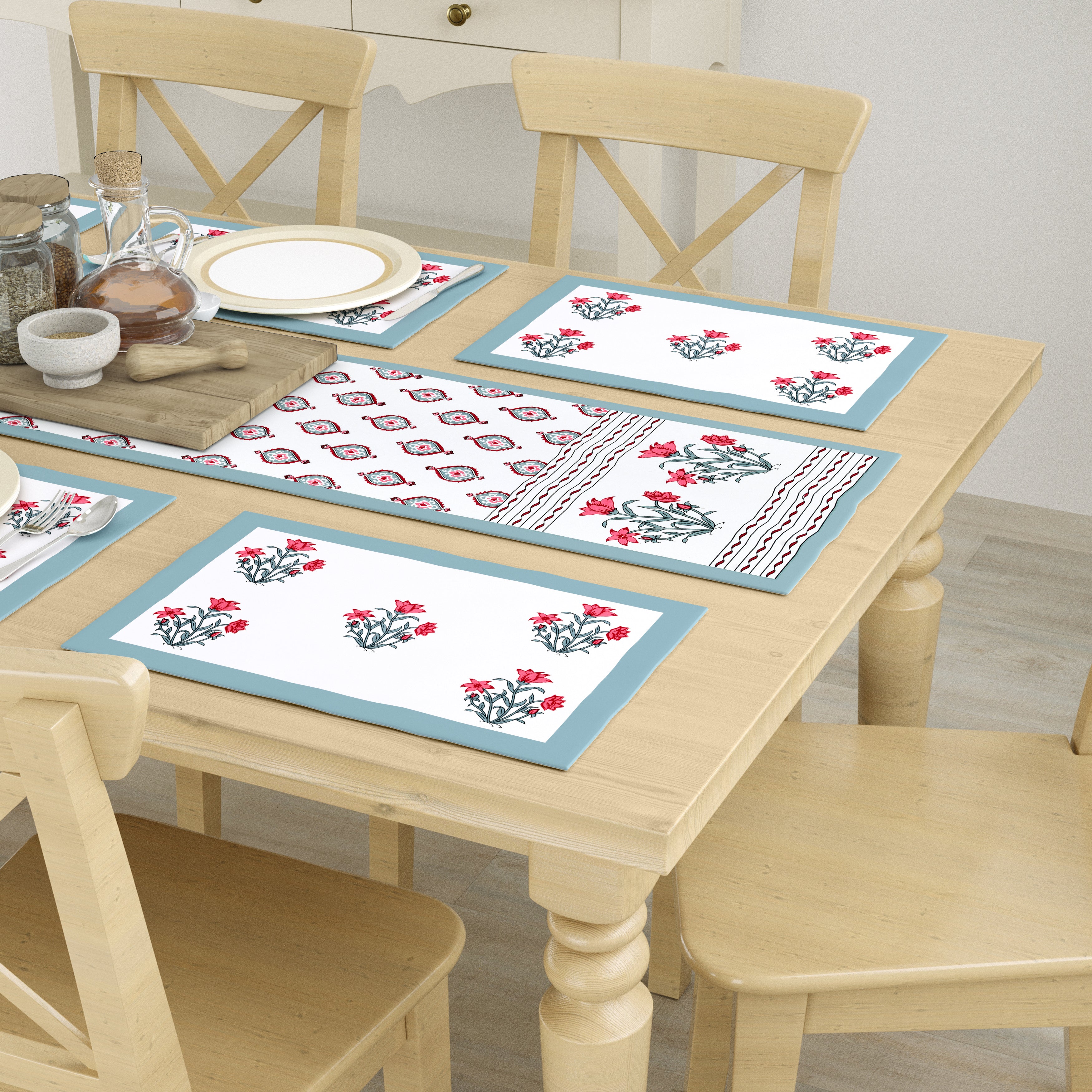Diwali Gift Box with Handblock Printed Canvas Cotton Table Runner & Set Of 6 Mats, 2 laddoo candles