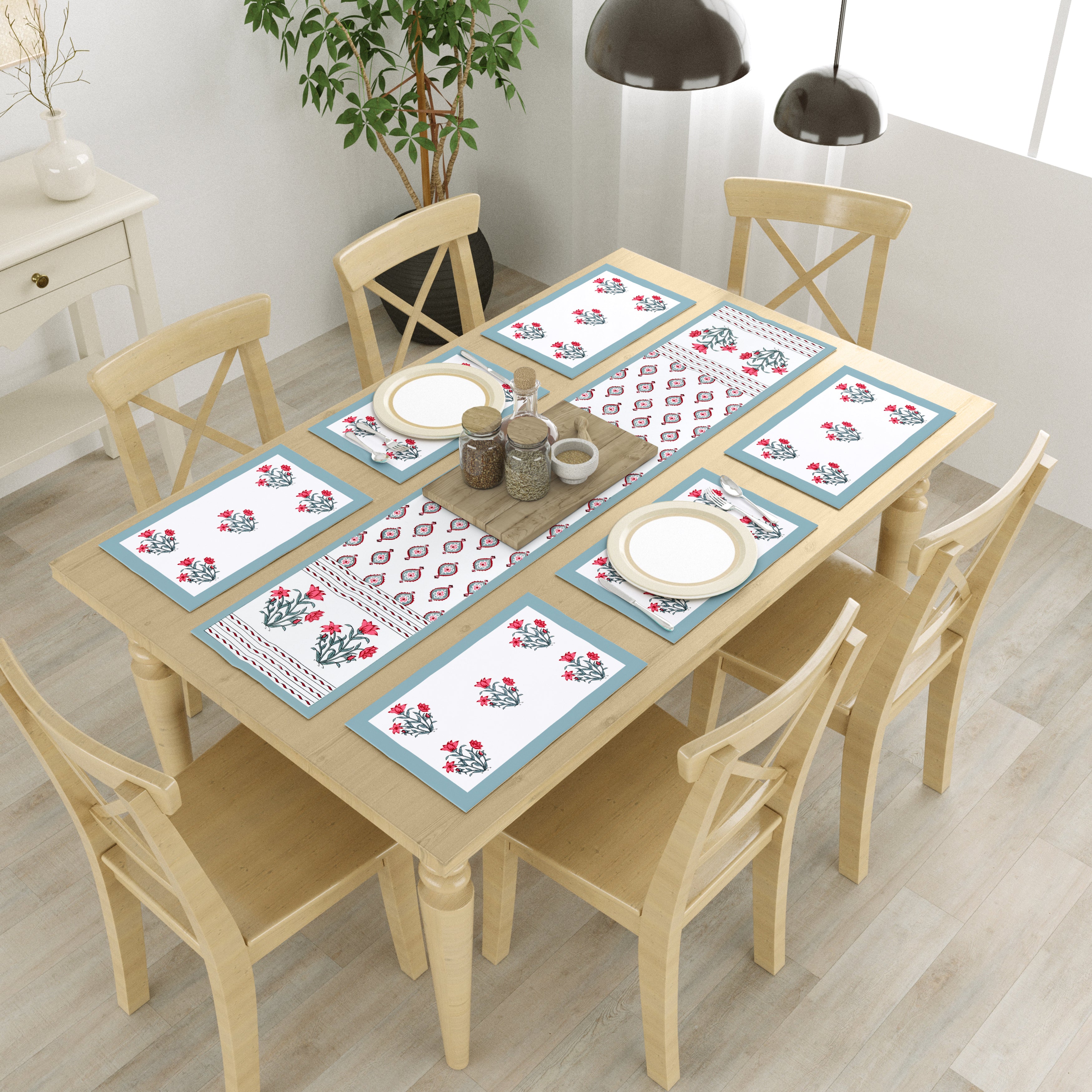 Diwali Gift Box with Handblock Printed Canvas Cotton Table Runner & Set Of 6 Mats, 2 laddoo candles