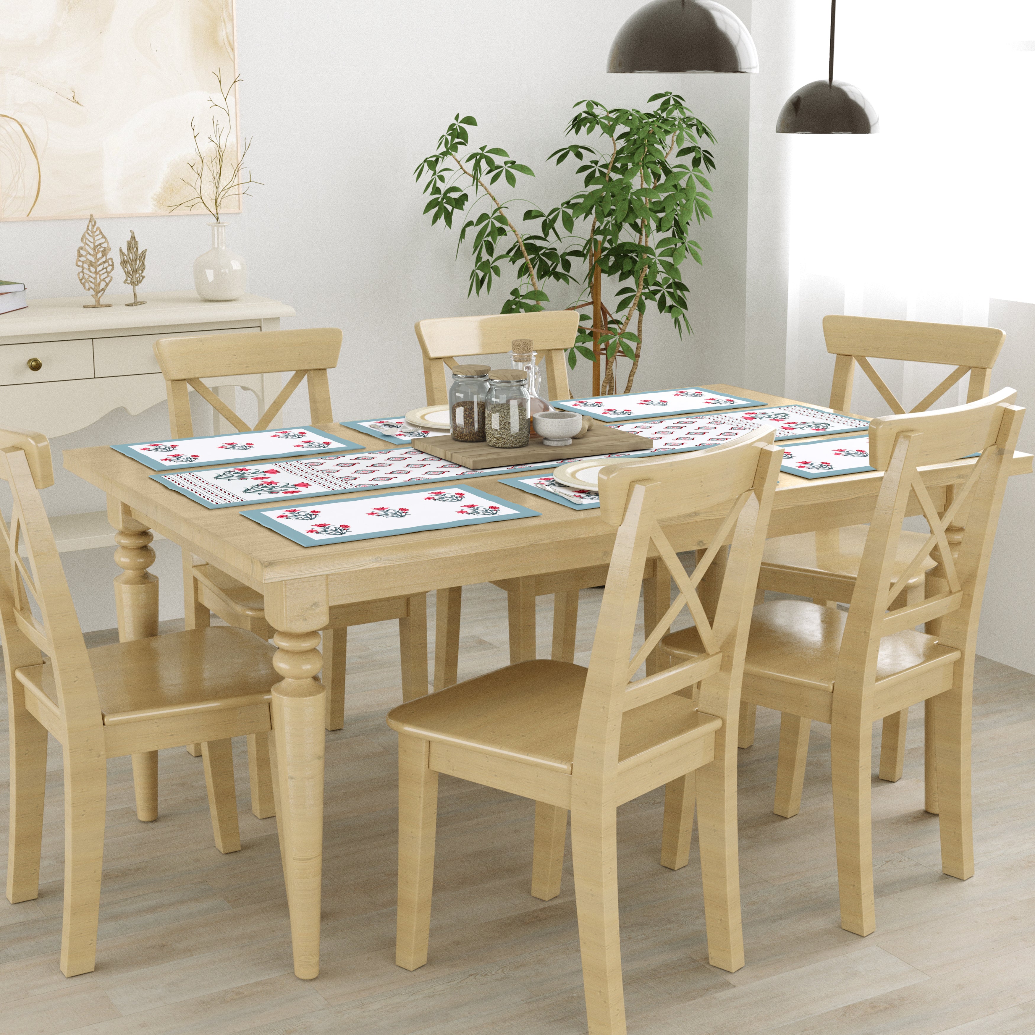 Handblock Printed Canvas Cotton Table Runner With Set Of 6 Mats