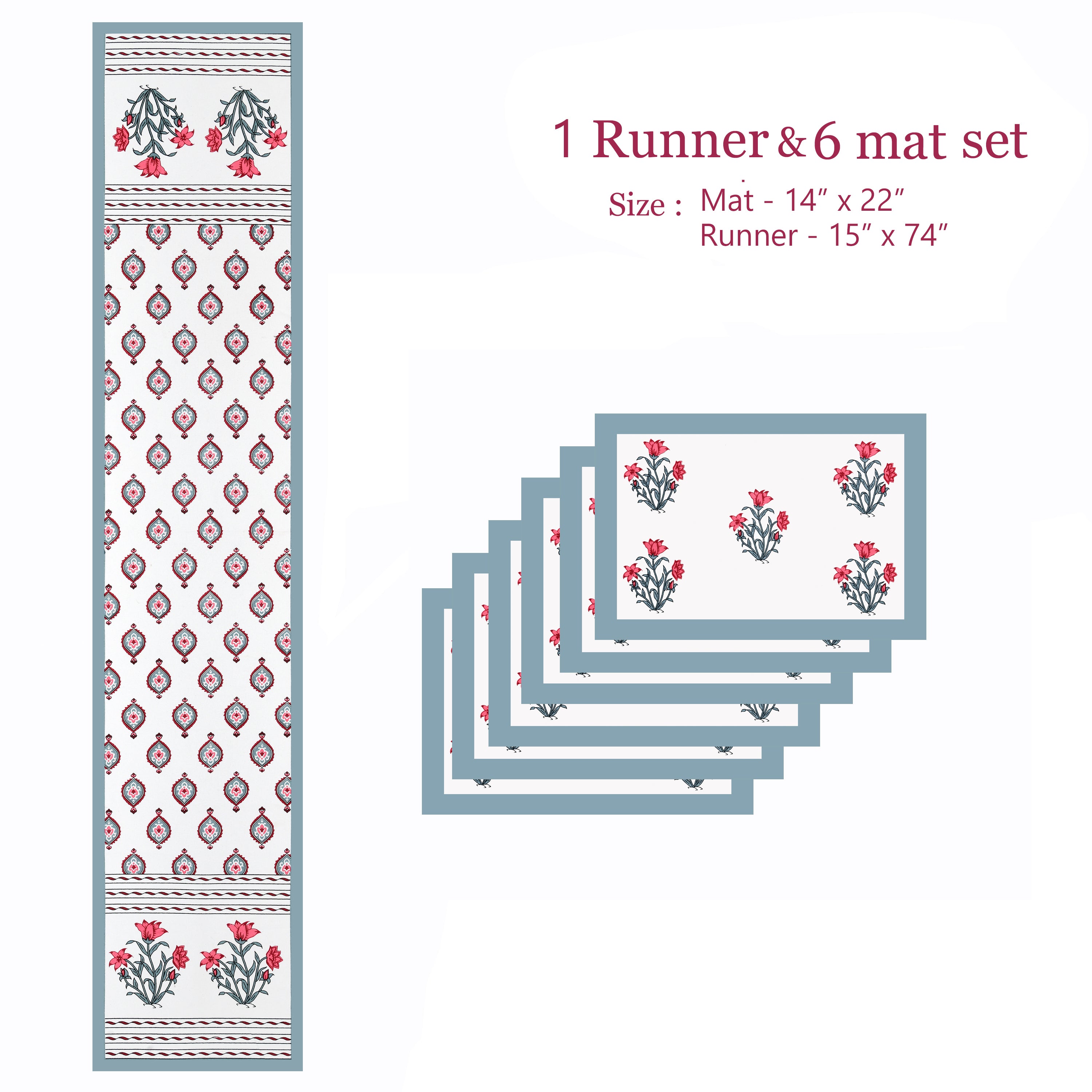 Diwali Gift Box with Handblock Printed Canvas Cotton Table Runner & Set Of 6 Mats, 2 laddoo candles