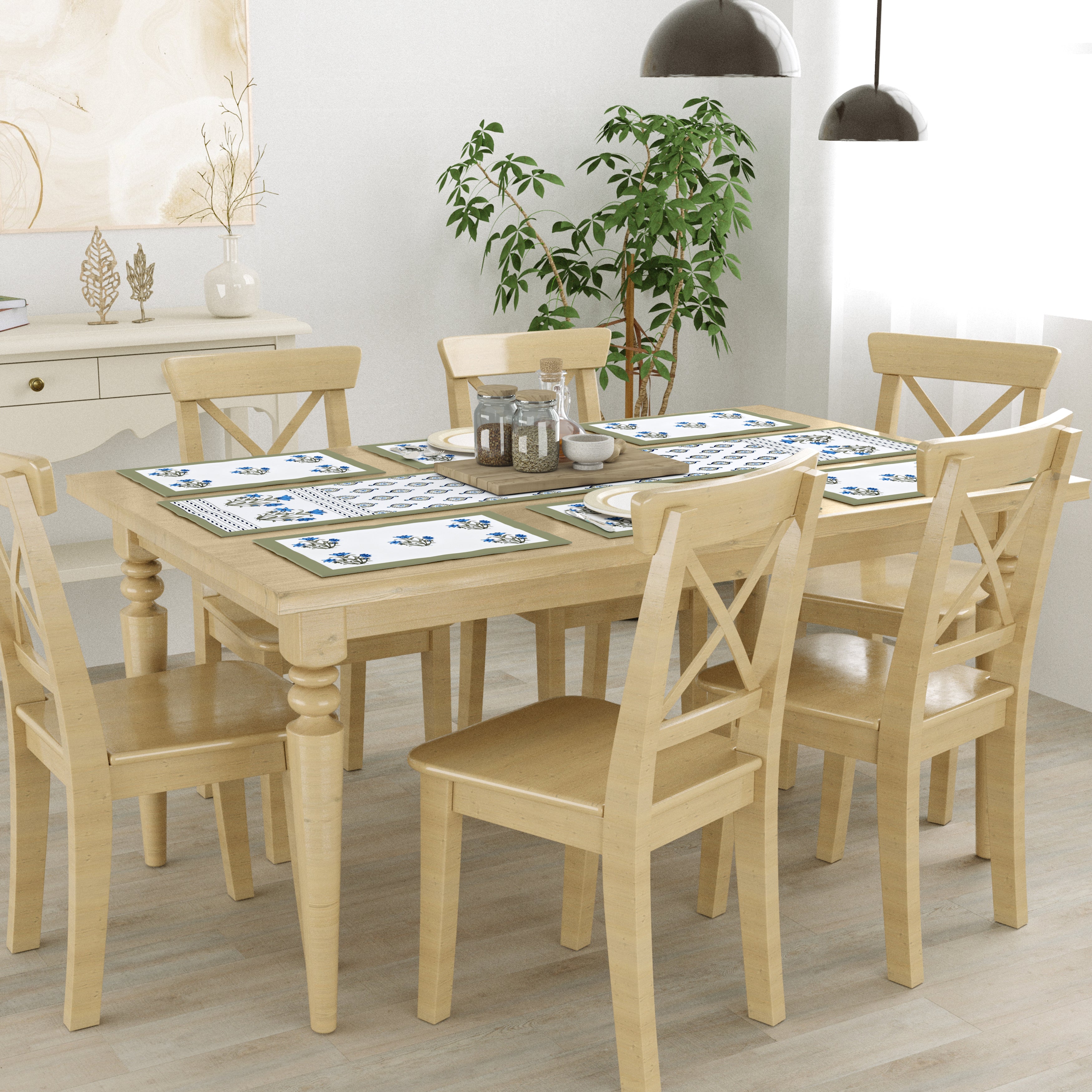 Handblock Printed Canvas Cotton Table Runner With Set Of 6 Mats