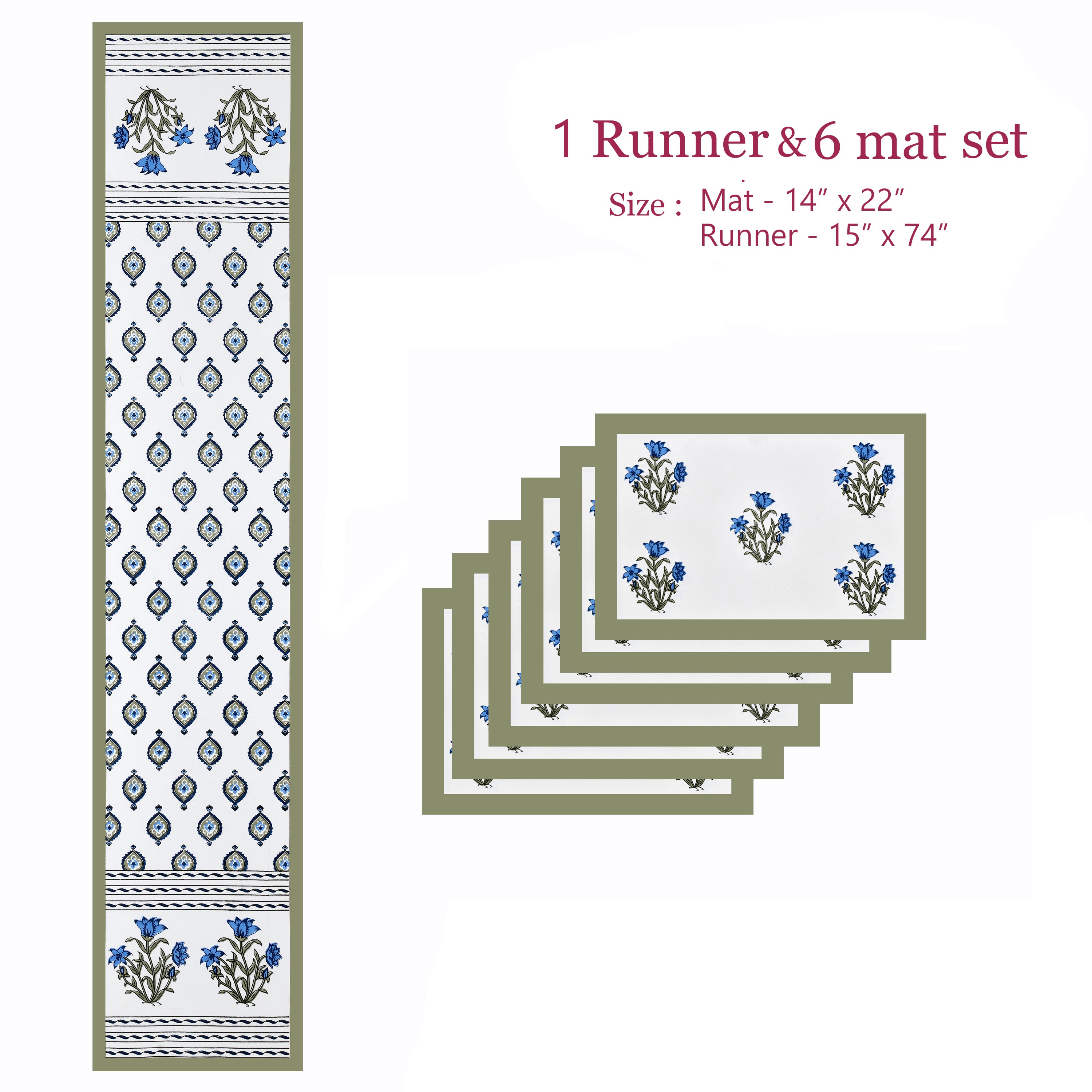 Diwali Gift Box with Handblock Printed Canvas Cotton Table Runner & Set Of 6 Mats, 2 laddoo candles