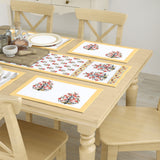 Diwali Gift Box with Handblock Printed Canvas Cotton Table Runner & Set Of 6 Mats, 2 laddoo candles