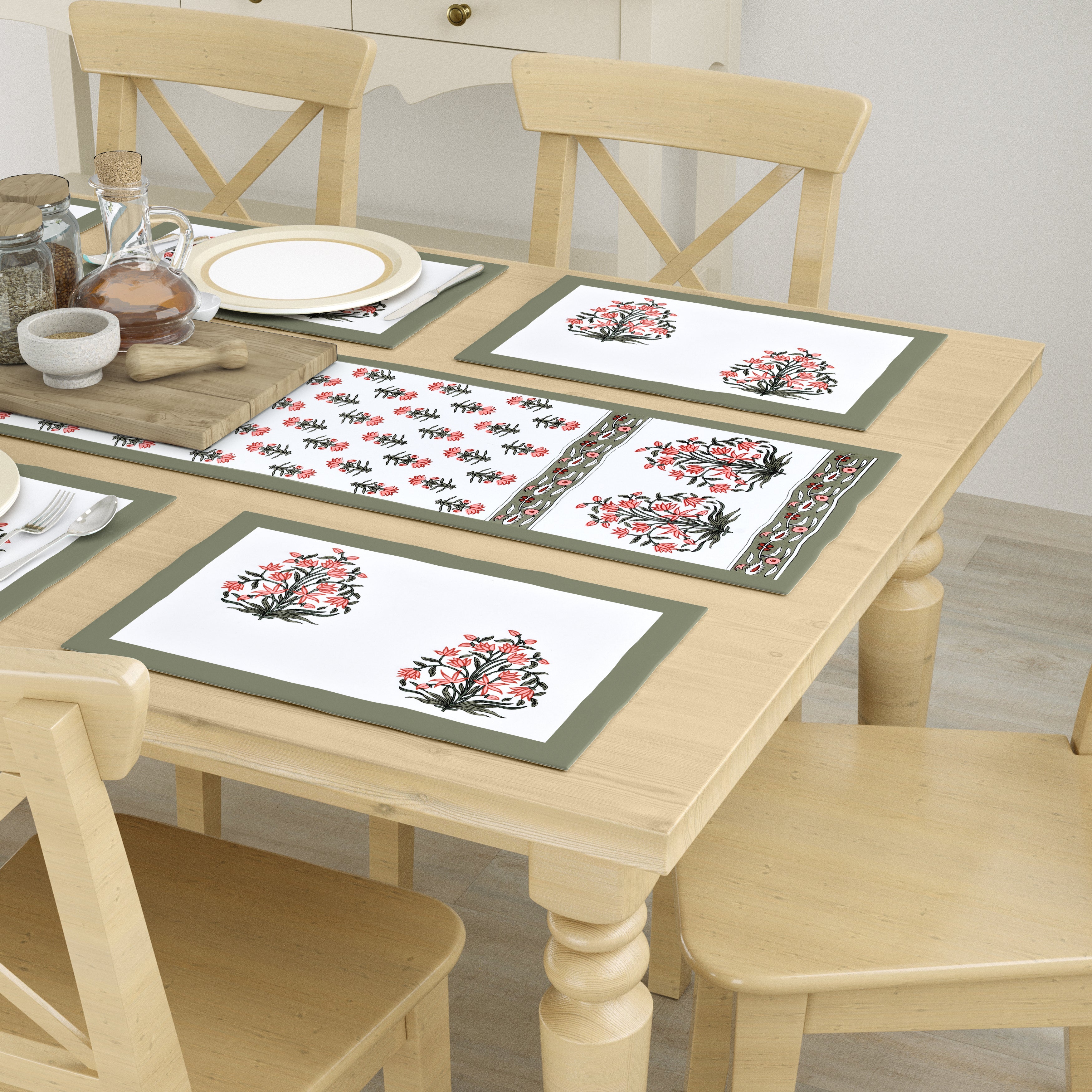 Handblock Printed Canvas Cotton Table Runner With Set Of 6 Mats