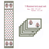 Handblock Printed Canvas Cotton Table Runner With Set Of 6 Mats