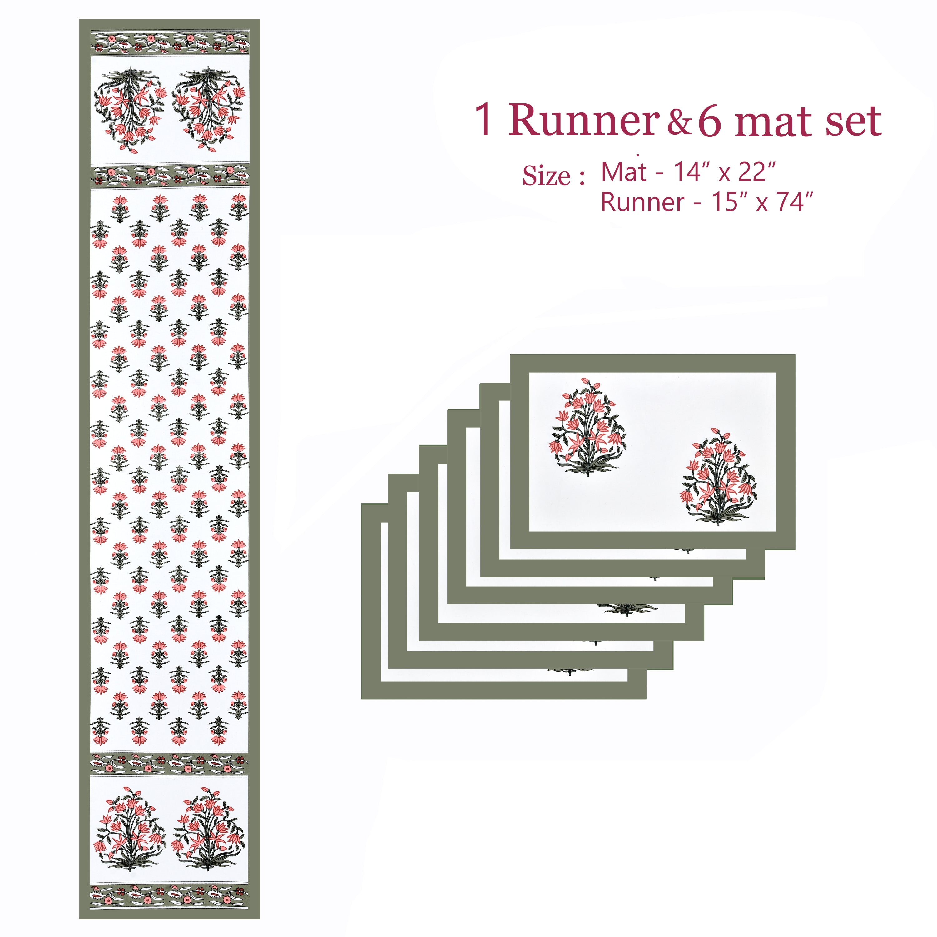 Diwali Gift Box with Handblock Printed Canvas Cotton Table Runner & Set Of 6 Mats, 2 laddoo candles