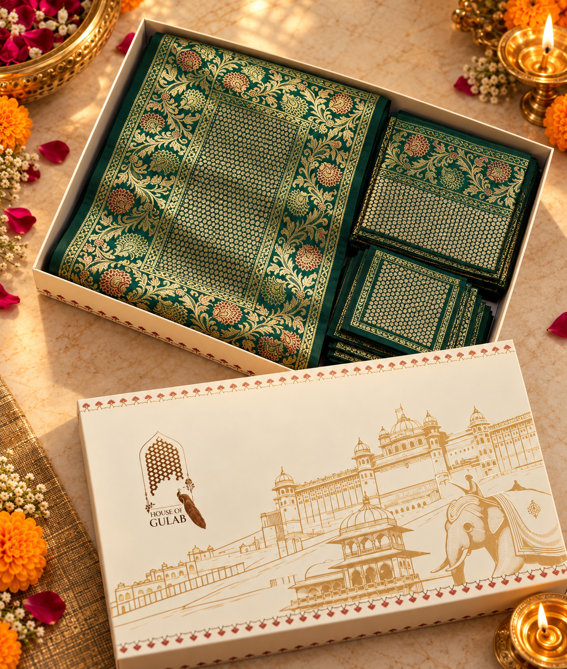 Diwali Gift Box with Banarasi Zari Table Runner, Set Of 6 Mats, 6 coaster, 6 inch Metal Urli