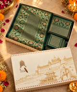 Diwali Gift Box with Banarasi Zari Table Runner, Set Of 6 Mats, 6 coaster, 6 inch Metal Urli