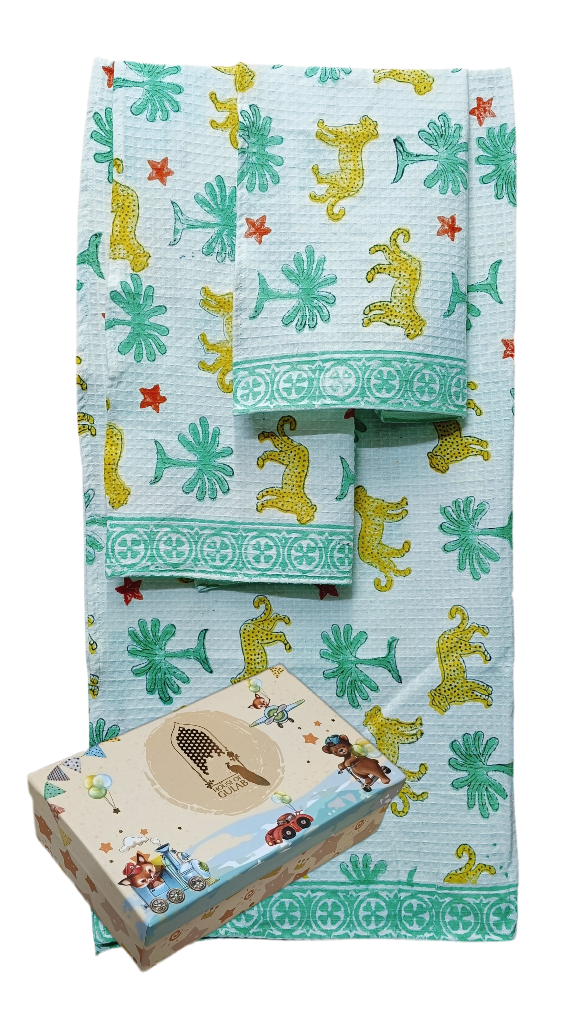 Kids Gift Set - Handblock Printed Towels - 1 Bath + 2 Hand Towels