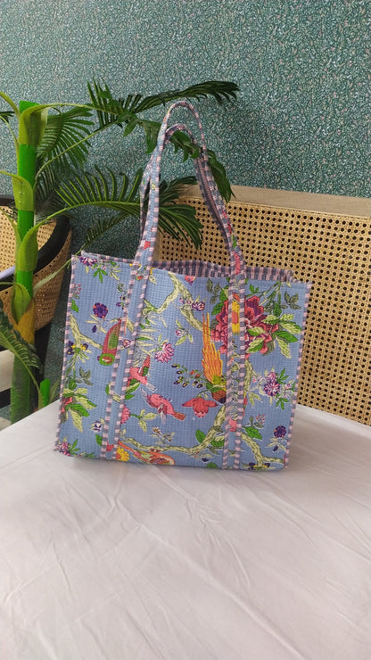 Handblock Printed Quilted Tote Bag without zip/button 17x18x 6 inches