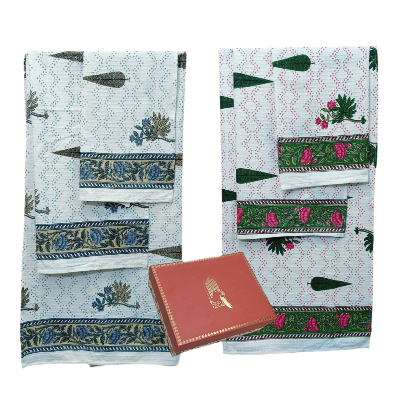 His & Her Towel Gift Set - Handblock Printed Towels - 2 Bath + 4 Hand Towels in 2 designs