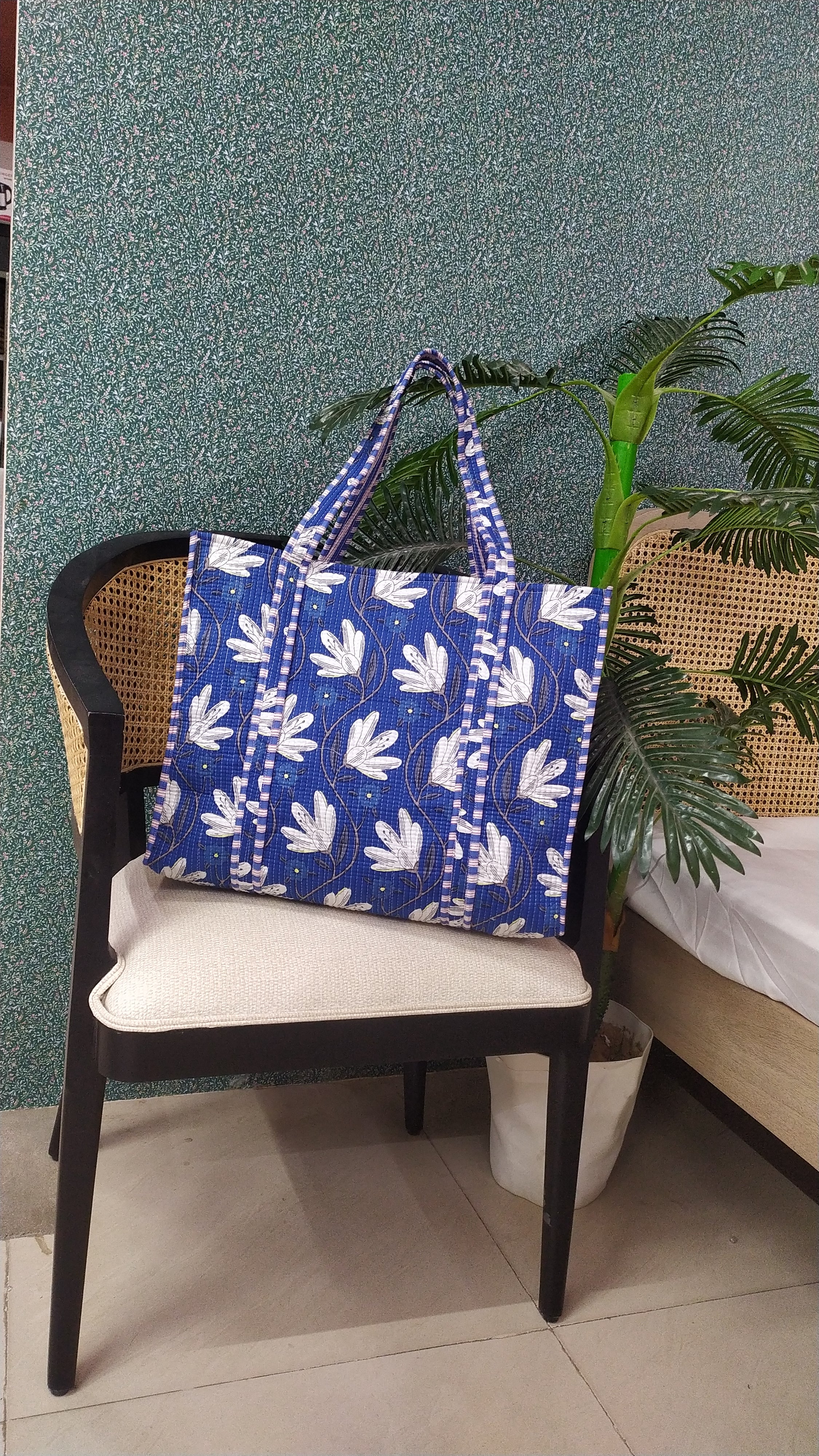 Handblock Printed Quilted Tote Bag without zip/button 17x18x 6 inches