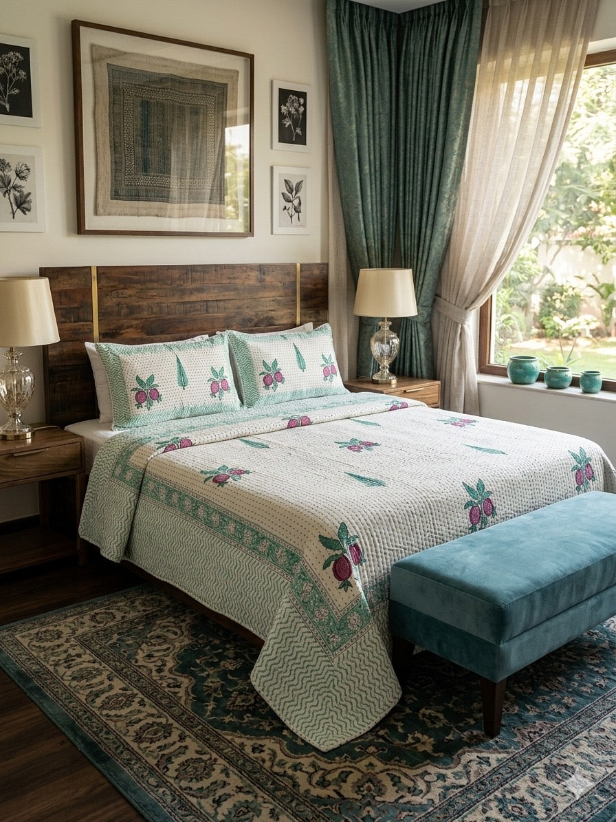 Super King Size HandBlock Printed Kantha Bedcover with 2 Pillow covers (108x108 inches)