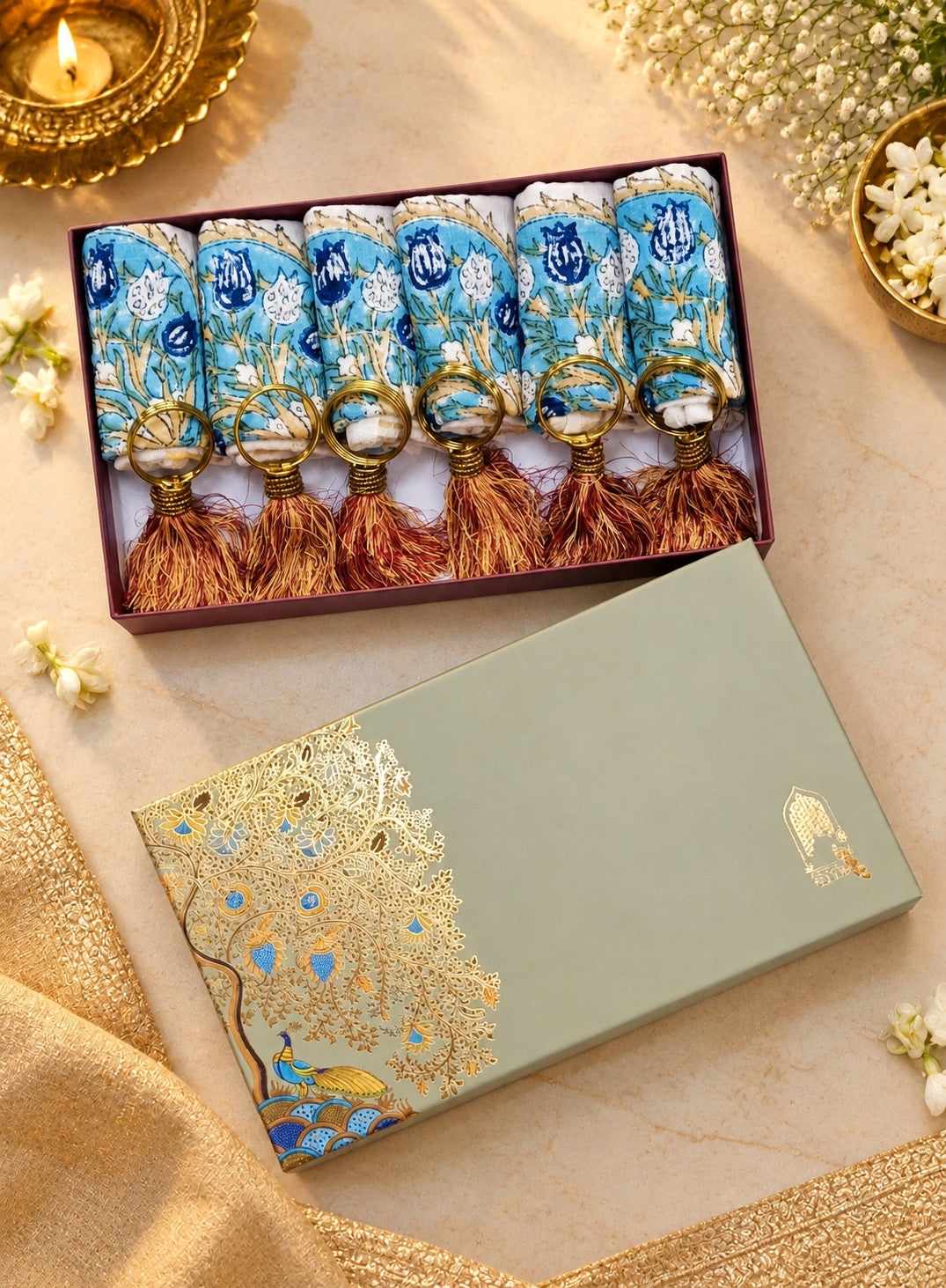 Diwali Gift Box - Hand Block Printed Cotton Napkin Set of 6 with Tassel Napkin Rings